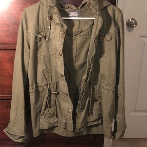 Army green hooded anorak jacket.